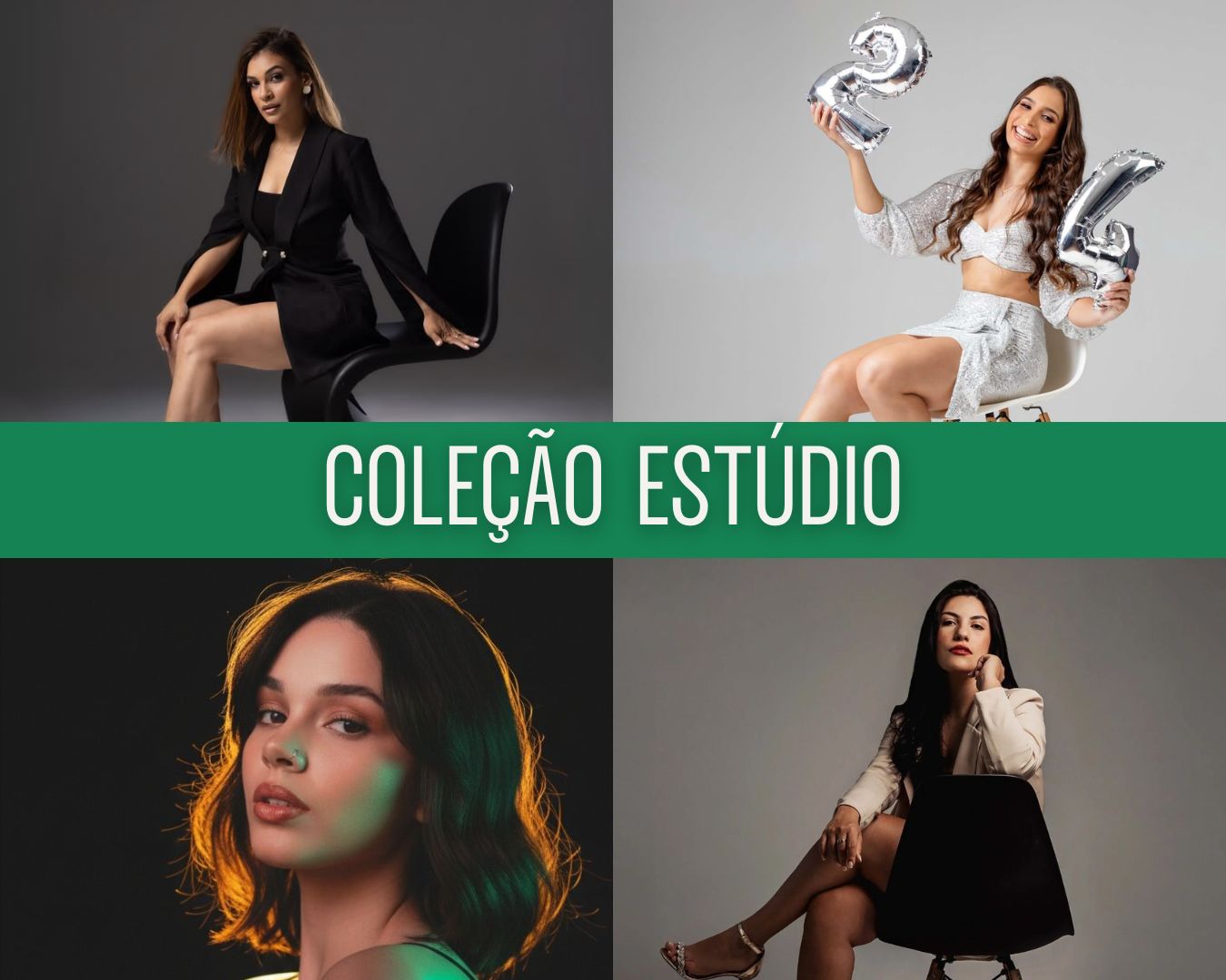 Capa Estúdio — coleção com retratos em fundo claro, escuro e colorido