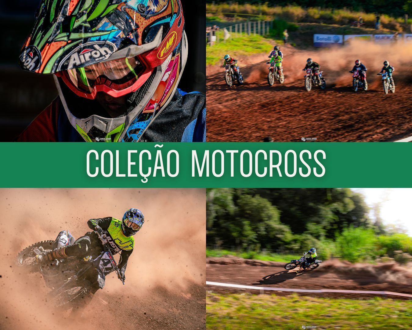 Capa Motocross — pilotos em pistas de terra e retrato com capacete colorido