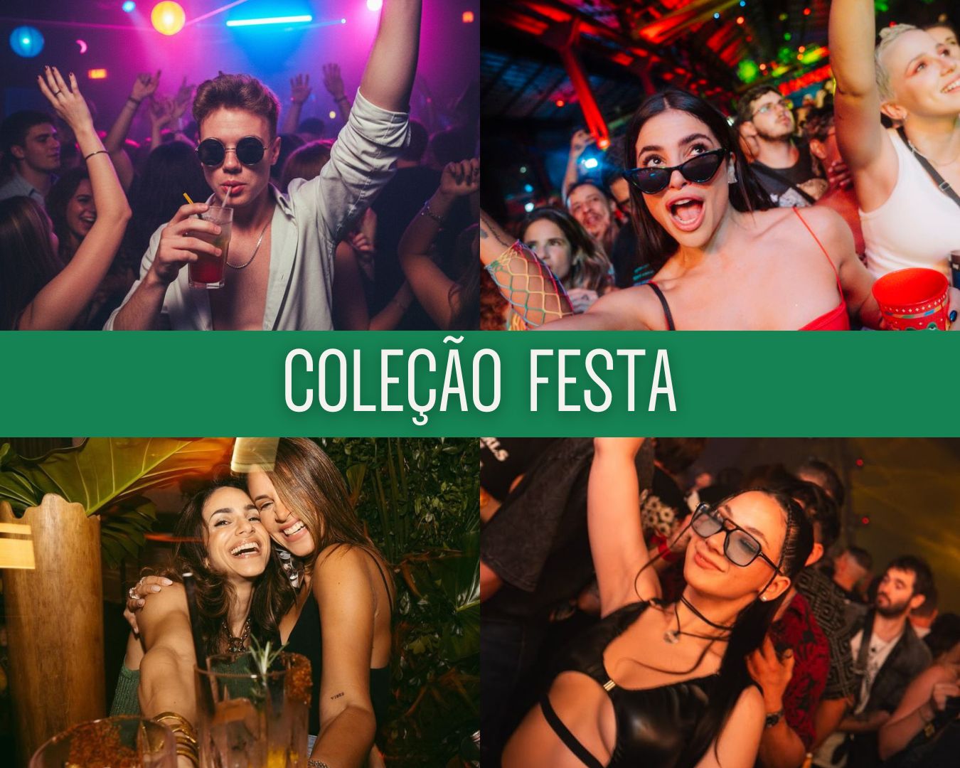 Capa Festas — coleção com cenas de festa e pista de dança com luzes coloridas