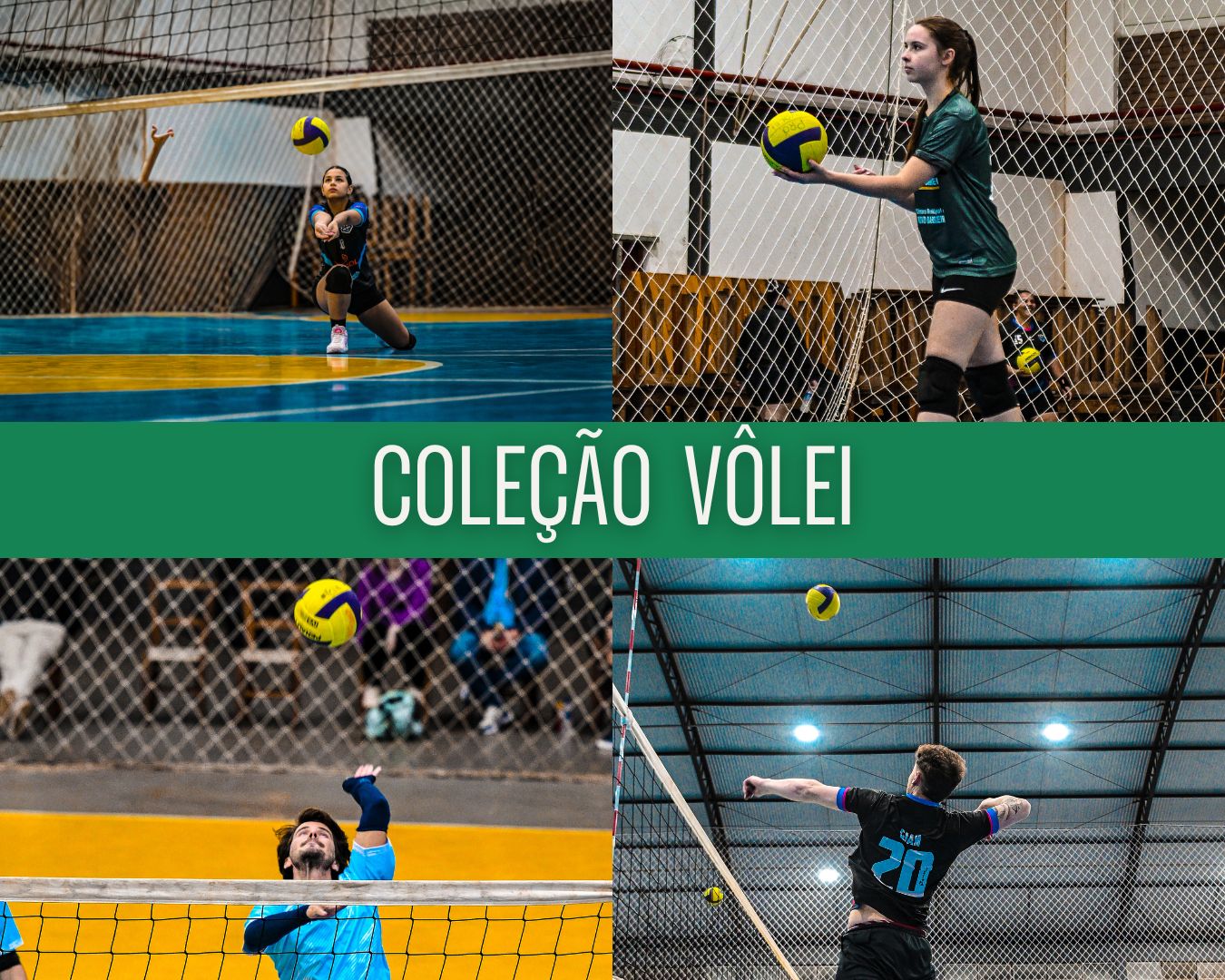 Capa Vôlei — coleção com jogadores em ação em quadras de vôlei