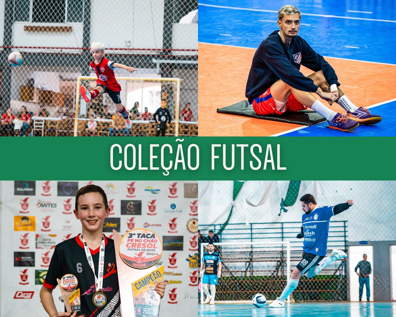 Capa Futsal — coleção com jogadores em ação em quadras cobertas